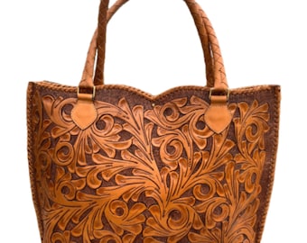 Bolso grande de cuero repujado a mano "IBIZA" marrón, bolso de hombro estilo vaquera, bolso de viaje de cuero repujado, bolso de cuero bohemio, bolso de oficina para portátil