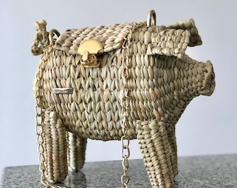 Bolso de tul tejido a mano con forma de cerdito, bolso de playa, bolso boho chic, bolso de tul hecho a mano, bolso con forma de animal, bolso rosa con forma de cerdito, regalos para ella, edición limitada