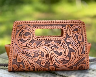 Hand-Tooled Leather Small Clutch, "ENVELOPE" by ALLE, Mexican Purse, Western Style, Brown leather purse, Mother's Day Gifts