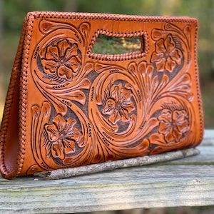 Hand-Tooled Leather Large Clutch “Jenny” – Mexican Western Style, Brown Floral Leather Purse, Tan Clutch, Summer Deals, Gift for Her
