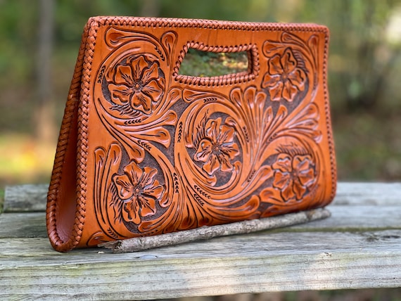 Hand tooled Leather Large Clutch yenny Mexican Western Style