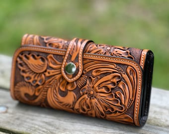 Cartera de piel hecha a mano BOTON: estilo rodeo occidental, motivo floral, estilo vaquera, regalos para ella, cartera mexicana, piel marrón,