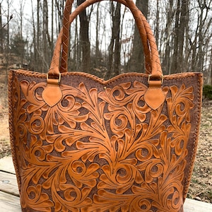 Hand-tooled Leather Tote Brown Leather Purse Large Tote - Etsy