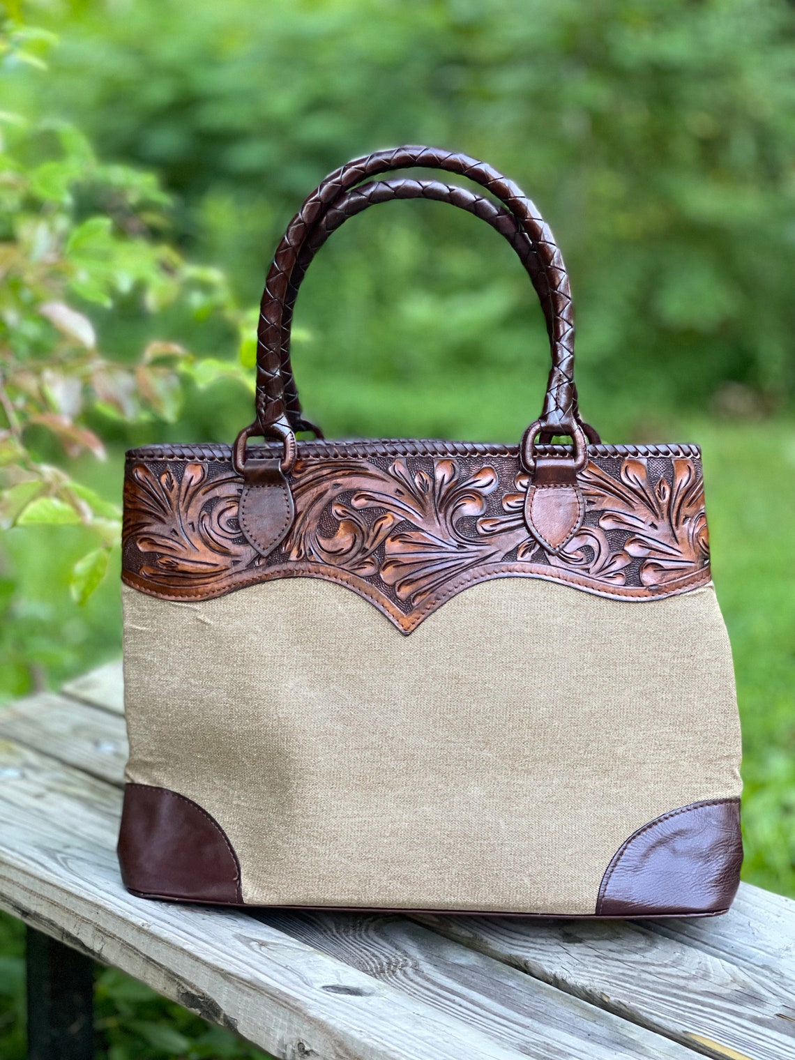 Hand-tooled Leather & Denim Tote Bag mezclilla - Etsy