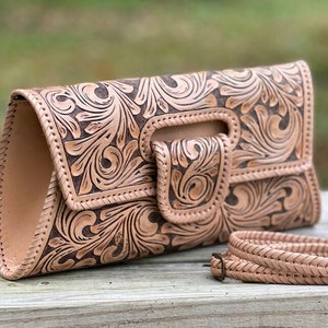 Bolso de mano grande de cuero repujado a mano "LENGUETA" Bolso bandolera, estilo occidental, bolso boho chic, estilo occidental, cuero marrón,
