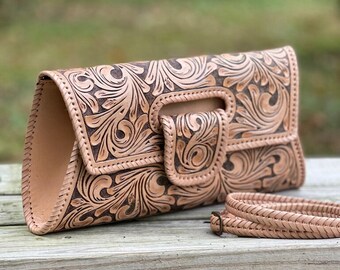 Hand-Tooled Leather Large Clutch "LENGUETA" Crossbody Clutch, Western Style, Boho Chic Bag, Western Style, Brown Leather, Mother's Day Gifts