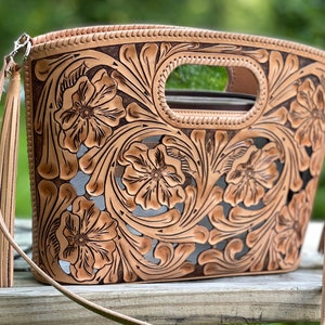 Handgjord läderväska TUBO – västerländsk utskuren design, vintage cowgirl-stil, handgjord stor axelväska, hantverksmässig kanadensisk skidväska i boho-stil