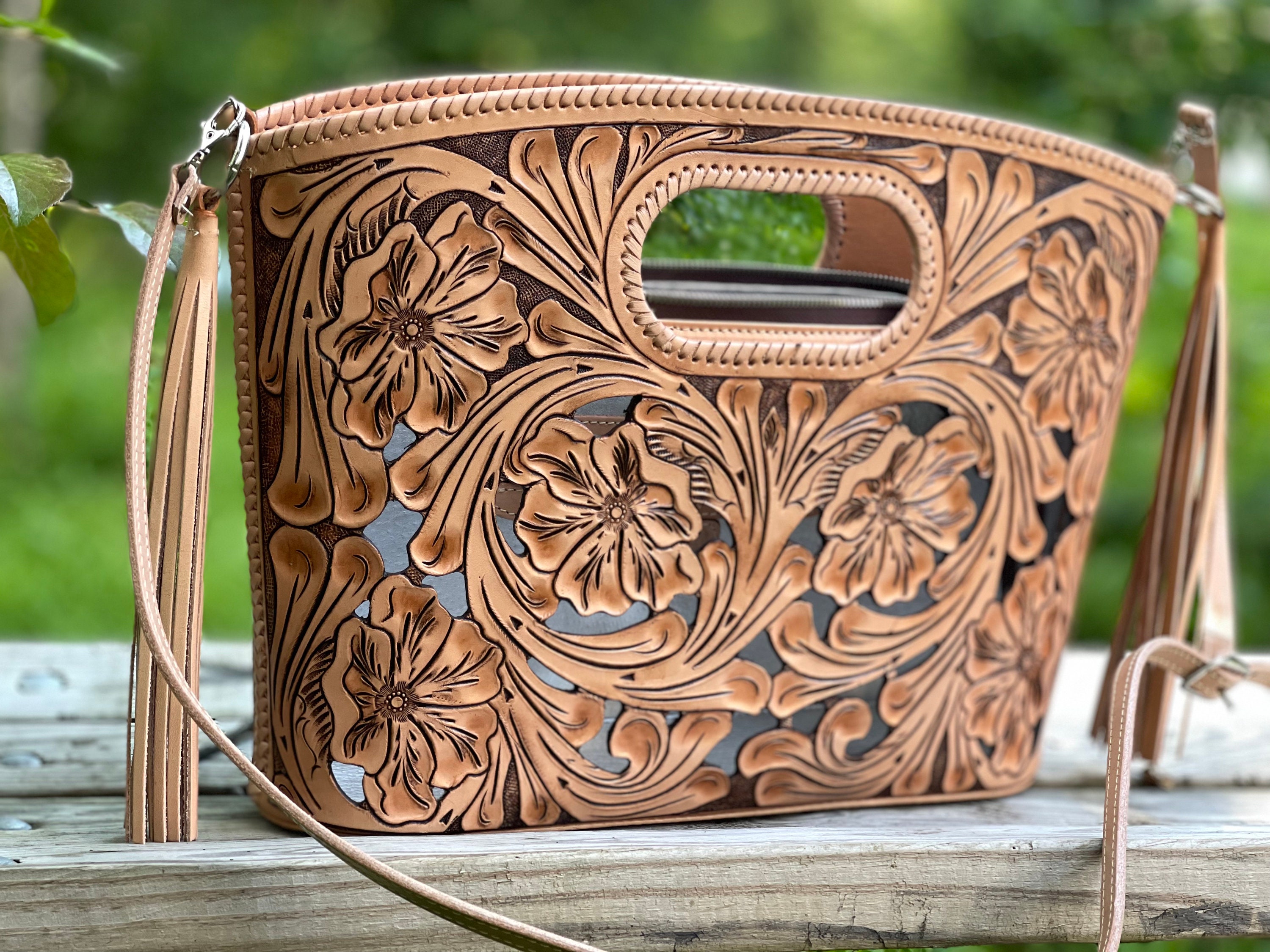 Hand-tooled Leather Tote, Cut-out Tooling Bag 