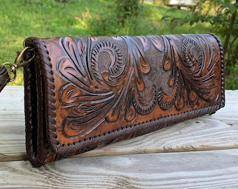 Hand Tooled Leather Clutch Whistle Wallet, "OAXACA", Vintage Boho style, Passport Holder, Travel Bag, Gifts for him, Mother's Day Giftss