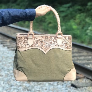 Hand-tooled Leather & Denim Tote Bag, mezclilla Travel Bag, Western ...