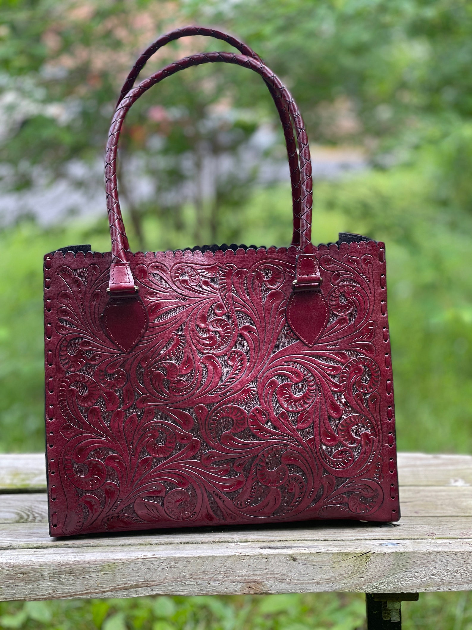 Handtooled Leather Tote Bag, Brown Leather Bag, joana by ALLE, Western