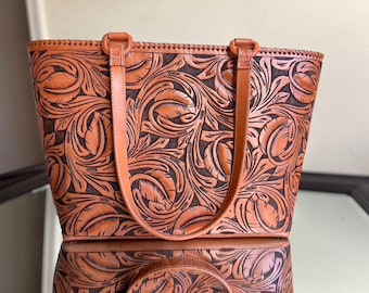 Bolso de mano de cuero artesanal CHARLY – Diseño de hojas o flores, bolso de hombro mexicano, bolso grande hecho a mano, estilo bohemio, vaquera occidental, rodeo.
