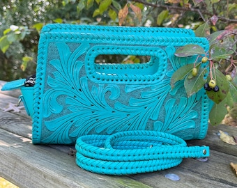 Bolso bandolera pequeño de cuero repujado a mano "SOBRE" - Monedero mexicano estilo western, bolso de cuero repujado estilo vaquera, bolso de hombro bohemio, regalos