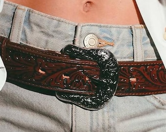 Cinturón Western de cuero repujado: estilo vaquera rodeo hecho a mano, cinturón de cuero marrón, regalos para ella, cinturón de cuero negro