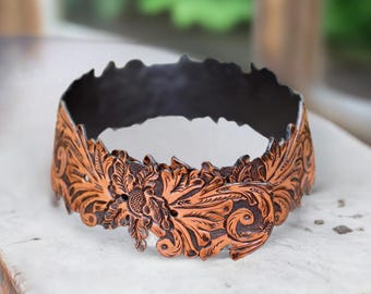 Hand-Tooled Leather Belt LAUREN, Western Cowgirl Floral Design, cowboy belt, gifts for her, Mexican leather belt, brown leather belt,
