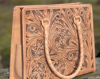 Bolso tote de cuero artesanal MARCUS – Monedero con estampado floral estilo western, cuero flor, bolso de hombro grande hecho a mano, bolso tote artesanal estilo vaquera estilo rodeo bohemio.
