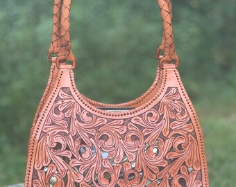 Hand Cut Out Tooling Leather Shoulder Bag "LUNA", Brown leather purse, Western Style, Boho Chic Bag, Hobo Leather Bag, Mother's Day Gifts,