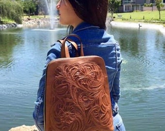 Hand-Tooled Leather Backpack "NUUK" by ALLE, Travel Leather Backpack, Tooled leather purse, Tooled Brown leather purse, Mother's Day Gifts