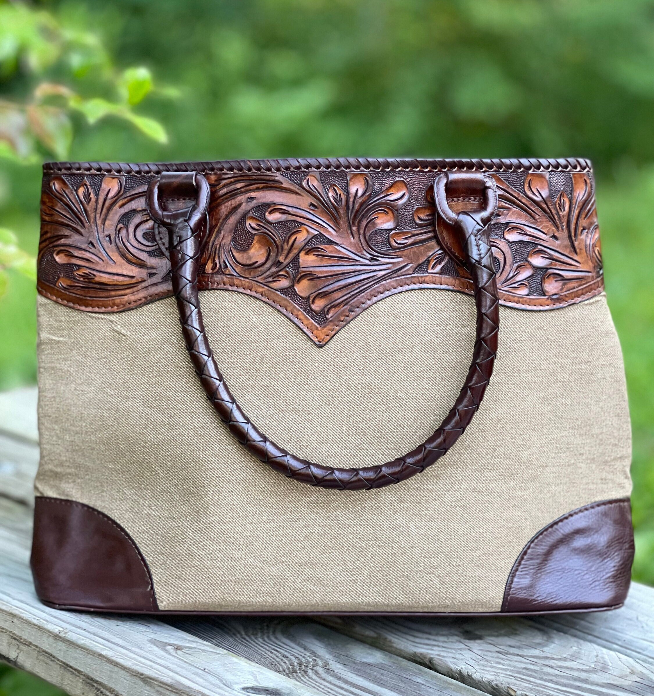 Hand-tooled Leather & Denim Tote Bag, 