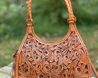 ALLE Hand-Tooled Leather Shoulder Bag "LUNA", Brown leather Hobo, Western Style Bag, Shoulder bag, Hobo Leather Bag, Mother's Day Gifts