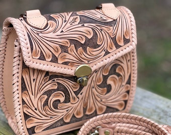 Hand-Tooled Leather Crossbody, Tooled Bag, Leather Mini Satchel, "ERICKA, Tooled purse, Mother's Day Giftss,, Holiday Gifts