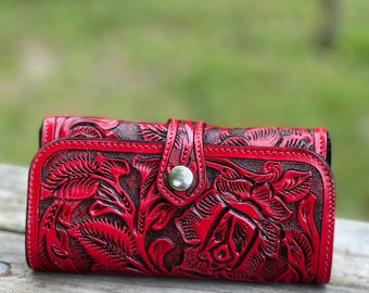 Hand Tooled Leather Wallet BOTON: Western Rodeo Style, Floral