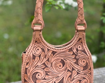 Hand-Tooled Leather Crossbody Bag “MINI LUNA” – Brown Western Cowgirl Satchel, Boho Tooled Shoulder Bag, Unique Cowgirl Gift, gifts for her