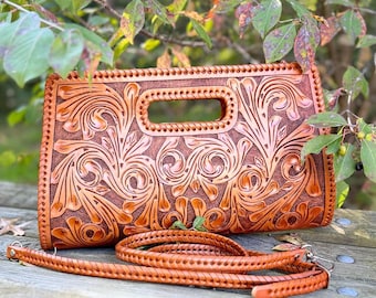 Hand-Tooled Leather Large Clutch Crossbody “ENVELOPE” – Western Purse, Cowgirl Tooled Leather Bag, Boho Shoulder Bag, Vintage bag, gifts