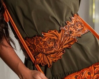 Cinturón de cuero hecho a mano LAUREN, diseño floral de vaquera occidental, cinturón de vaquero, regalos para ella, cinturón de cuero mexicano, cinturón de cuero marrón,