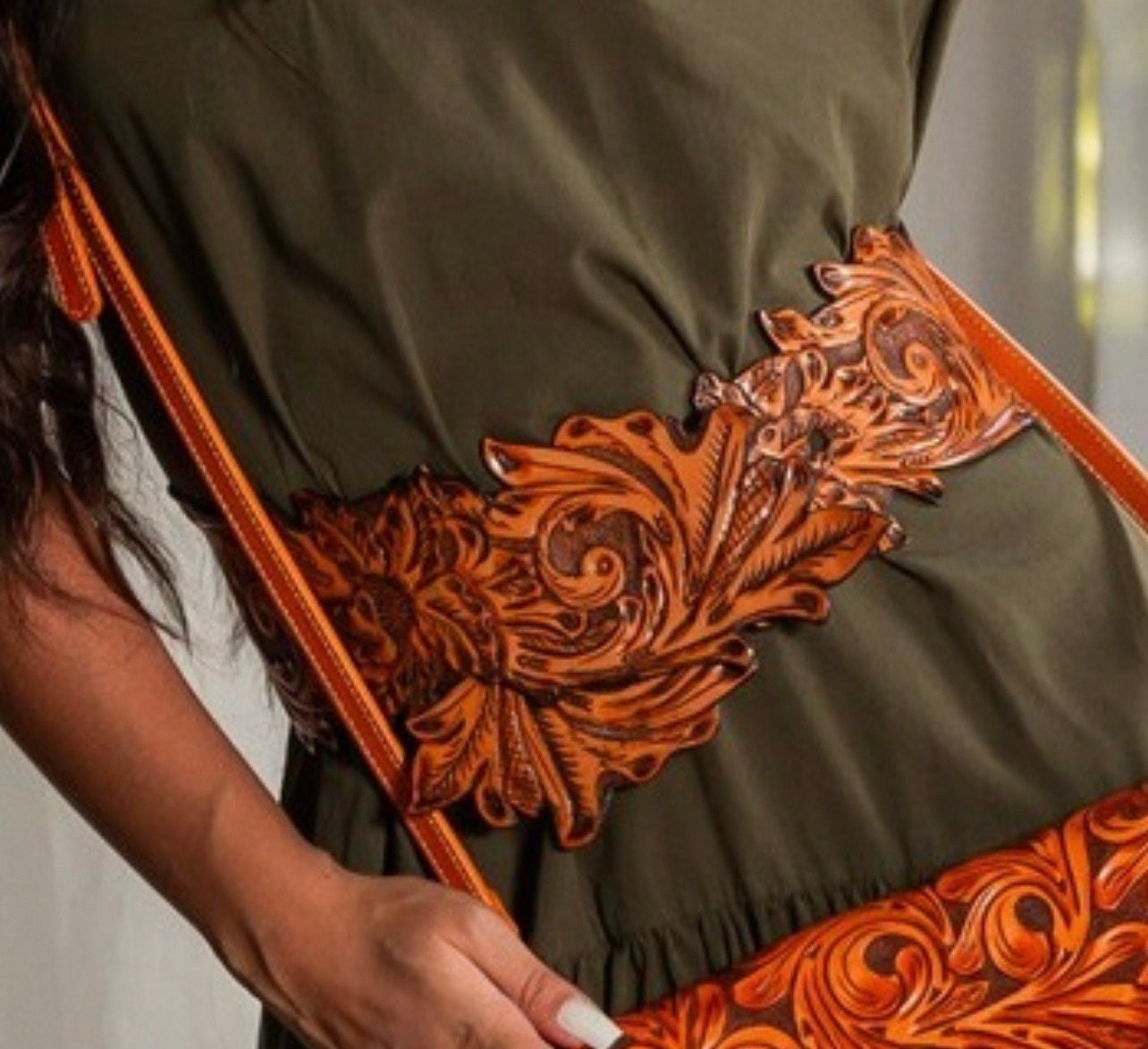 Hand-tooled Leather Belt LAUREN, Western Cowgirl Floral 