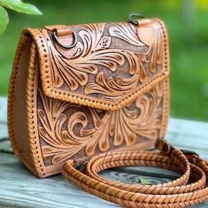 Hand-Tooled Leather Crossbody bag, &quot;ERICKA&quot; by ALLE, tooled Brown leather purse, Western Style, Leather Shoulder bag, Holiday Gifts for her