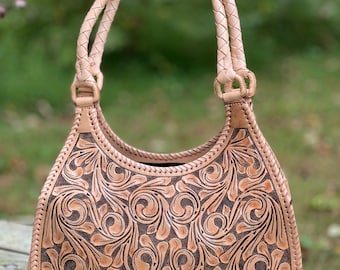 Hand-Tooled Leather Hobo Bag “LUNA” – Western Cowgirl Purse, Braided Handles, Boho Leather Handbag, Unique gifts for her