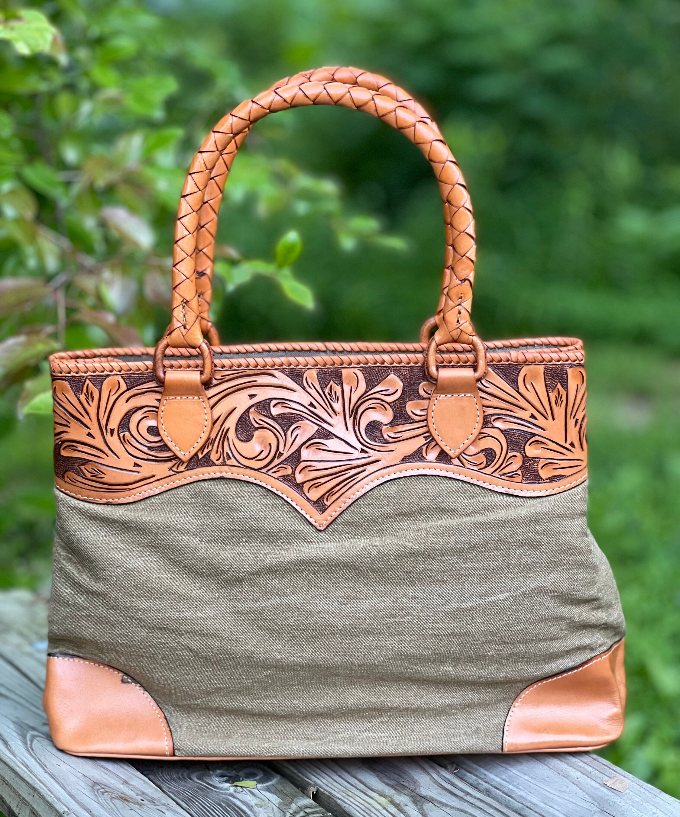 ★関税/送料込★Swimcity☆1999 denim bag Hand-tooled Leather & Denim Tote Bag, 