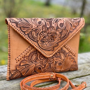 Hand-Tooled Leather Crossbody & Clutch Bag ITALIA, Brown leather purse, Leather Shoulder bag, iPad case,  for her, Mother&#39;s Day Gifts