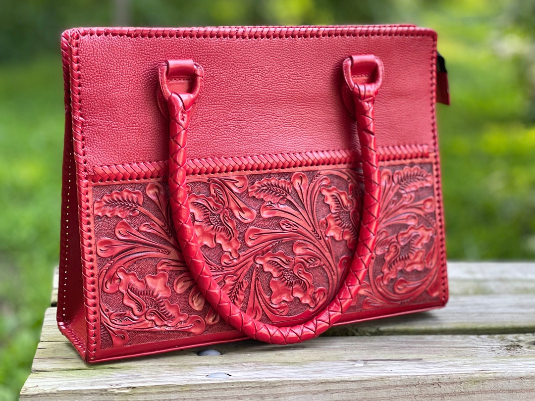 Hand Tooled Leather Tote media, Brown Leather Tote, Laptop Tote