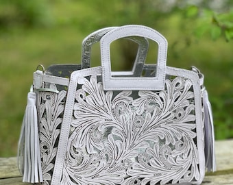 Bolso tote de cuero repujado a mano SPIKES NOTA – Diseño calado, estilo western mexicano, bolso de hombro grande hecho a mano, estilo boho vaquero rodeo artesanal