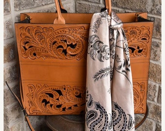 Hand Cut-Out Tooling Leather Tote Bag, Hand-Tooled Bag, "DIANA", Brown Leather tote, Summer Bags, Leather Shoulder bag,, Holiday Gifts