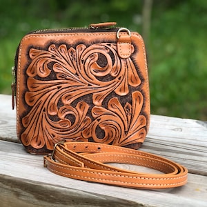 Hand-Tooled Leather, Small Crossbody, &quot;CATALINA&quot;, Cowgirl Style, Western Bags, Best Gifts for Woman, travel leather bag, gifts for her