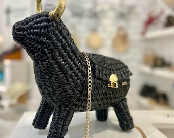 Bolso de tul tejido a mano con diseño de toro negro, bolso de playa, bolso boho chic, bolso de tul hecho a mano, bolso con diseño de animal, bolso de toro negro, regalos para ella, edición limitada