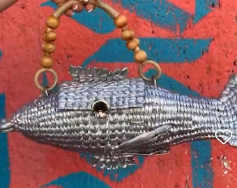 Bolso de tul tejido a mano con forma de pez, bolso de playa, bolso boho chic, bolso de tul hecho a mano, bolso con forma de animal, bolso de fibra natural con forma de pez, regalo para ella, edición limitada