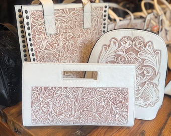 Bolsa de mão transversal floral em couro trabalhado à mão “LAURA” – Bolsa grande estilo country mexicano, bolsa de ombro boho, presente ideal para ela.
