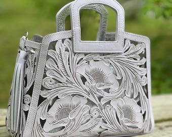 Bolso tote de cuero repujado a mano FLORAL NOTA – Diseño floral occidental calado, bolso de hombro grande hecho a mano, bolso tote artesanal estilo boho cowgirl