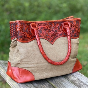 Hand-tooled Leather & Denim Tote Bag, mezclilla Travel Bag, Western ...