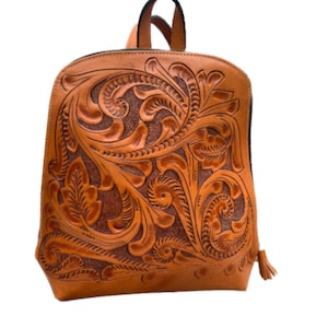 Hand-Tooled Leather Backpack &quot;NUUK&quot; by ALLE, Travel Leather Backpack, Tooled leather purse, Tooled Brown leather purse,, Mother&#39;s Day Gifts