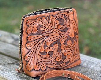 Hand-Tooled Leather Crossbody Large Bag “CATALINA” Western Travel Purse, Cowgirl Tooled Shoulder Bag, Boho Leather Satchel, gifts for her