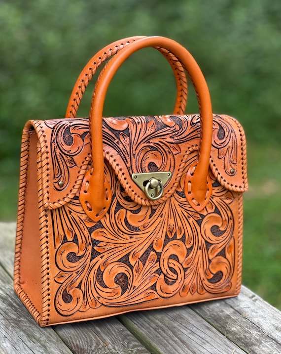Hand-Tooled Leather Satchel “MINI ROMMY” – Mexican Western Doctor Bag, Cowgirl Shoulder Bag, Tooled Leather Boho Purse, Brown Leather Bag