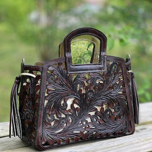 Borsa a mano in pelle lavorata a mano con incisioni &quot;NOTA SPIKES&quot;, borsa messicana, stile western, borse estive, regali per lei, regali per la festa della mamma