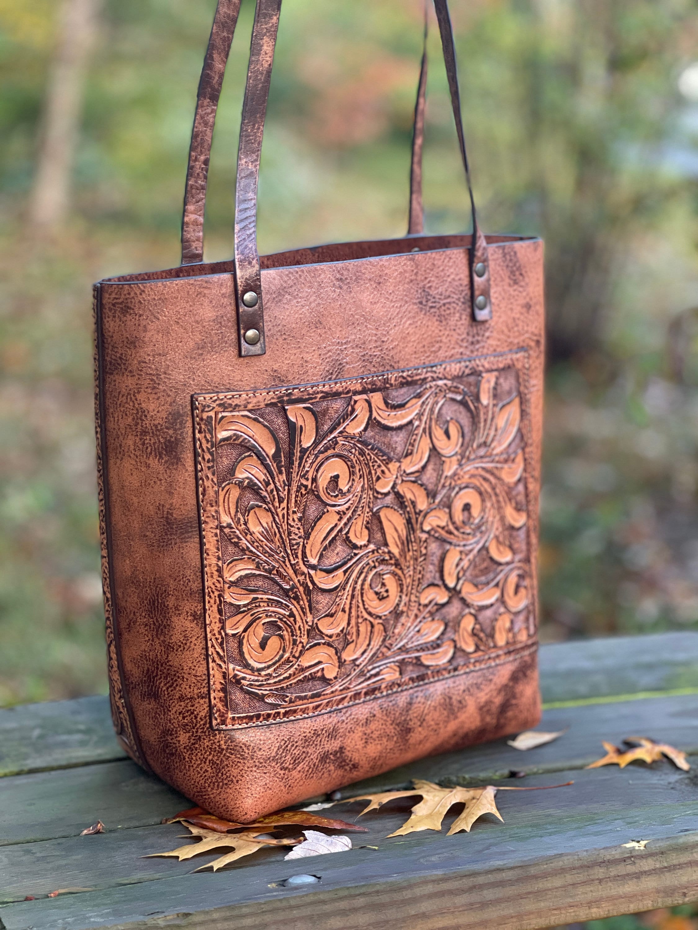 Handtooled Leather Tote Bag Large Brown Leather Handbag Etsy
