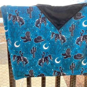 Soft Minky Blanket. Ready to Ship Cowboy Blanket. Bucking Horse and Cactus Coral and Blue Soft Throw. Cowgirl Bedding. Gift Idea.