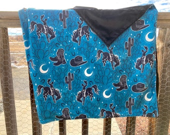 Soft Minky Blanket. Ready to Ship Cowboy Blanket. Bucking Horse and Cactus Coral and Blue Soft Throw. Cowgirl Bedding. Gift Idea.